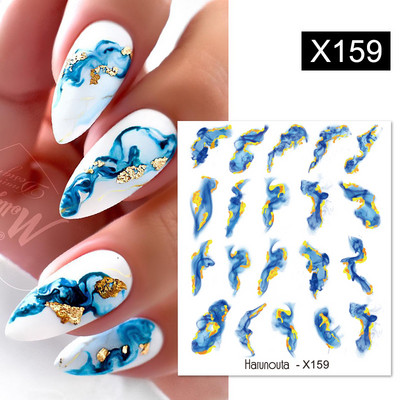 Harunouta Royalblue Fum înflorit Autocolante acuarelă Apăsați pe unghii Design de marmură Decalcomanii pentru apă Desen val auriu Glisor pentru unghii