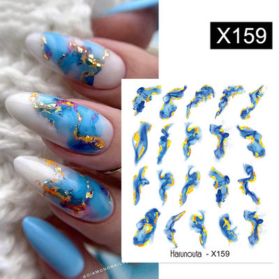 Harunouta Royalblue Blooming Smoke Akvarel naljepnice Press on Nails Dizajn mramora Vodene naljepnice Zlatni valovi Klizač za nokte