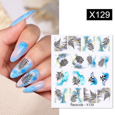 Harunouta Royalblue Blooming Smoke Akvarel naljepnice Press on Nails Dizajn mramora Vodene naljepnice Zlatni valovi Klizač za nokte