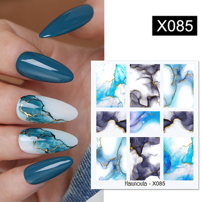Harunouta Royalblue Blooming Smoke Akvarel naljepnice Press on Nails Dizajn mramora Vodene naljepnice Zlatni valovi Klizač za nokte