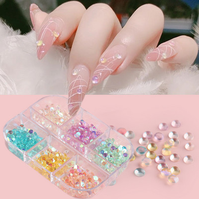 6 rešetki Sirena Rhinestone Ukrasi za nokte u mješovitim bojama Akrilni nokti Flatback Kristalne okrugle perle Aurora šarm Dodaci Dijelovi