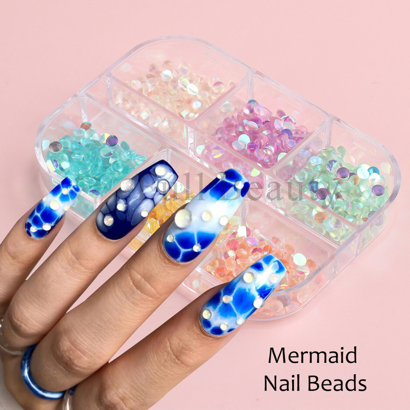 6 rešetki Sirena Rhinestone Ukrasi za nokte u mješovitim bojama Akrilni nokti Flatback Kristalne okrugle perle Aurora šarm Dodaci Dijelovi