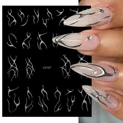 Αυτοκόλλητα 3D Metal Silver Flame Nails Gold Bronzing Sripe Lines Sliders Design Μανικιούρ Γαλλική διακόσμηση νυχιών Decal #Y2K