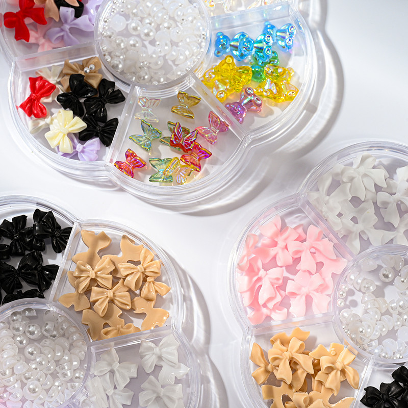 1BOX 3D Bowknot nagu mākslas piekariņi, sveķu jaukta loka dizaina nagu mākslas dekorēšana manikīram, rotaslietas, rotaslietas, rotaslietas.