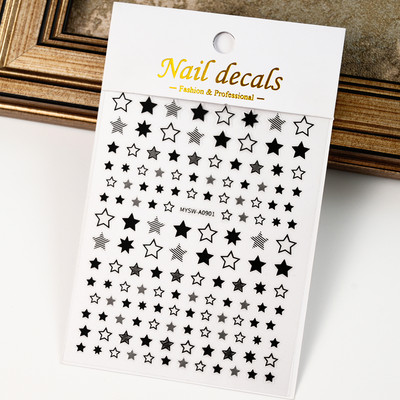 Autocolant 3D cu stea neagră, albă, pentru arta unghiilor, pentagramă Y2K, decalcomanii autoadezivi, sclipici strălucitoare cu laser, sclipici, stele, ornamente pentru manichiură Slider