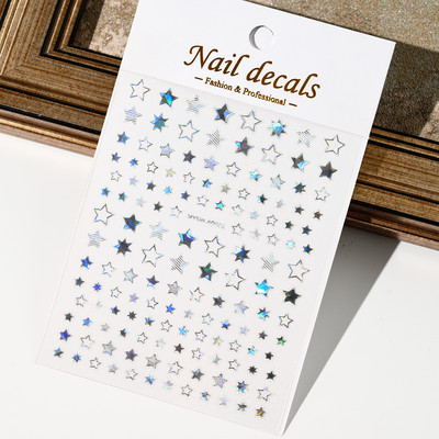 Autocolant 3D cu stea neagră, albă, pentru arta unghiilor, pentagramă Y2K, decalcomanii autoadezivi, sclipici strălucitoare cu laser, sclipici, stele, ornamente pentru manichiură Slider