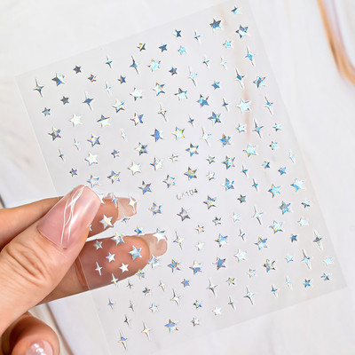 Autocolant 3D cu stea neagră, albă, pentru arta unghiilor, pentagramă Y2K, decalcomanii autoadezivi, sclipici strălucitoare cu laser, sclipici, stele, ornamente pentru manichiură Slider