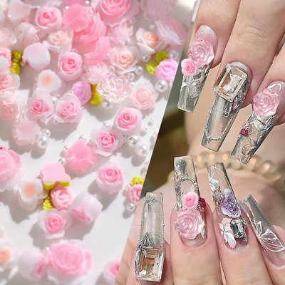 3D-roosa roosiõielised küünevõlusid segatud pärlililledega küüneosade kaunistustarvikud isetegemise küünestilisti tarvikutele