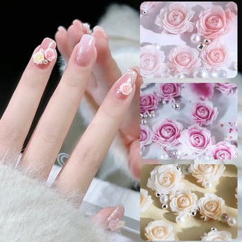30 бр. Розово розово цвете 3D декорация на нокти със кристали Бижута за нокти Цветни смесени перлени мъниста Талисмани Свети Валентин Доставка за ноктопластика