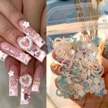 100/200 бр. 3D смесени декорации за нокти Kawaii Heart Flower Bear Pearl Design Rhinestone Nail Art Charms Бижута Аксесоар за маникюр