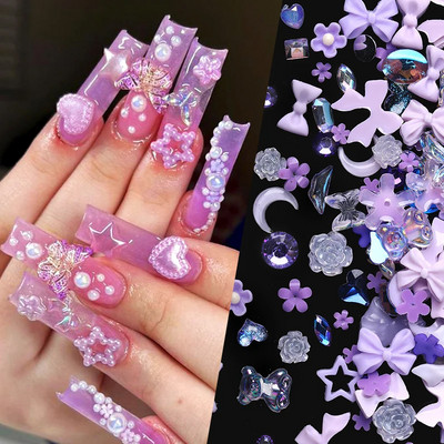 100/200gab 3D jaukti nagu dekori Kawaii sirds ziedu lāču pērļu dizains Rhinestone nagu mākslas piekariņi Juvelierizstrādājumi manikīra aksesuāri