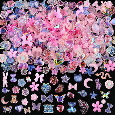 50GAB jauktas Kawaii sveķu nagu mākslas piekariņi 3D ziedu loki dzīvnieki Rhinestones nagu rotājumi DIY manikīra profesionālie piederumi