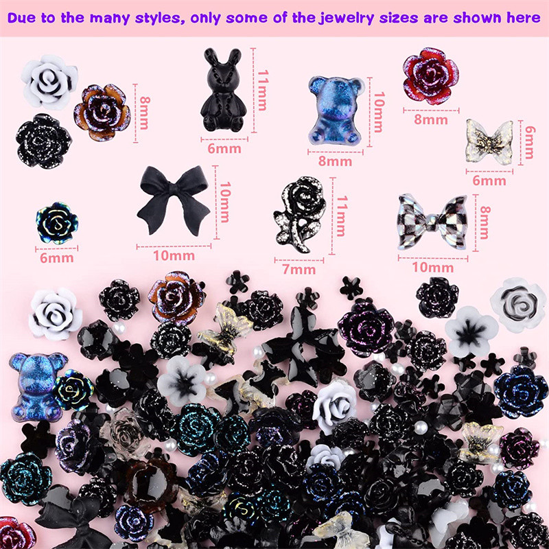 50GAB jauktas Kawaii sveķu nagu mākslas piekariņi 3D ziedu loki dzīvnieki Rhinestones nagu rotājumi DIY manikīra profesionālie piederumi