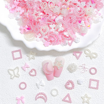 Една кутия 3D Kawaii Pink White Ranbom Resin Nail Art Charms Mixed Flower Pearl Heart Nail Rhinestones Decorations Направи си сам аксесоари