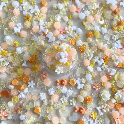 One Box 3D Kawaii Pink White Ranbom Resin Nail Art Charms Mišri gėlė Perlų Širdies Nagų Kalnų krištolas Dekoracijos DIY Priedai