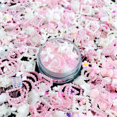 One Box 3D Kawaii Pink White Ranbom Resin Nail Art Charms Mišri gėlė Perlų Širdies Nagų Kalnų krištolas Dekoracijos DIY Priedai