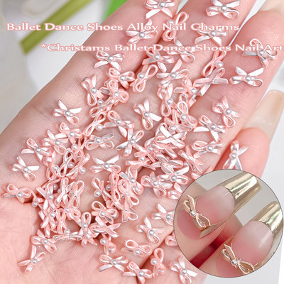 10 τμχ Παπούτσια χορού μπαλέτου 3D Nail Charms 8mm Ροζ μεταλλικά παπούτσια χορού Ribbon Nail Art DIY Kawaii Ballet Bows Αναλώσιμα μανικιούρ &*&