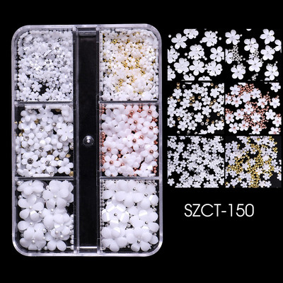 6 režģi 3D balts akrila ziedu nagu daļas jauktas tērauda krelles piekariņi Dizains nagu mākslas dekorēšana DIY rotaslietas aksesuārs SASZCT-150