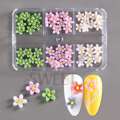 6 režģi 3D balts akrila ziedu nagu daļas jauktas tērauda krelles piekariņi Dizains nagu mākslas dekorēšana DIY rotaslietas aksesuārs SASZCT-150