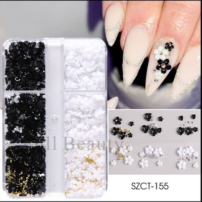 6 režģi 3D balts akrila ziedu nagu daļas jauktas tērauda krelles piekariņi Dizains nagu mākslas dekorēšana DIY rotaslietas aksesuārs SASZCT-150