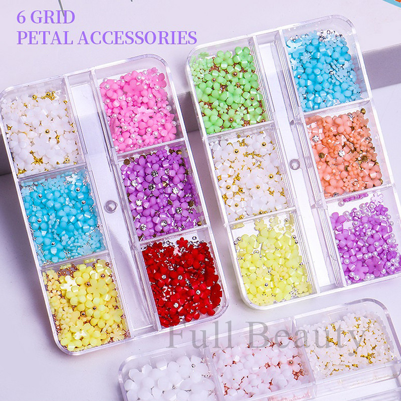 6 režģi 3D balts akrila ziedu nagu daļas jauktas tērauda krelles piekariņi Dizains nagu mākslas dekorēšana DIY rotaslietas aksesuārs SASZCT-150