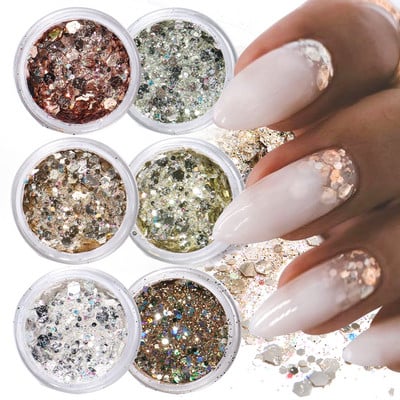 6 τμχ Champagne Rose Nail Glitter Flakes Mixed Hexagon Sequins Powder Fall Winter Mermaid Paillette Decorations Nail LA1539-52