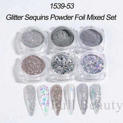 6 buc. Fulgi de sclipici pentru unghii cu trandafir șampanie, pudră mixtă de paiete hexagonale, toamnă, iarnă, sirenă, decorațiuni pentru unghii LA1539-52