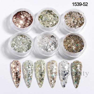 6 buc. Fulgi de sclipici pentru unghii cu trandafir șampanie, pudră mixtă de paiete hexagonale, toamnă, iarnă, sirenă, decorațiuni pentru unghii LA1539-52