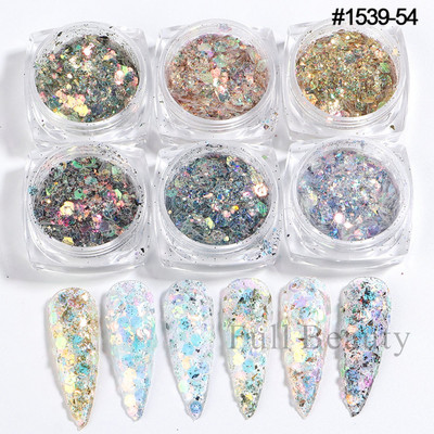 6 buc. Fulgi de sclipici pentru unghii cu trandafir șampanie, pudră mixtă de paiete hexagonale, toamnă, iarnă, sirenă, decorațiuni pentru unghii LA1539-52