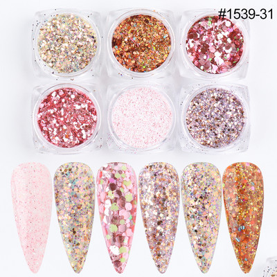 6 buc. Fulgi de sclipici pentru unghii cu trandafir șampanie, pudră mixtă de paiete hexagonale, toamnă, iarnă, sirenă, decorațiuni pentru unghii LA1539-52