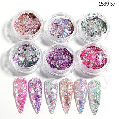 6 buc. Fulgi de sclipici pentru unghii cu trandafir șampanie, pudră mixtă de paiete hexagonale, toamnă, iarnă, sirenă, decorațiuni pentru unghii LA1539-52