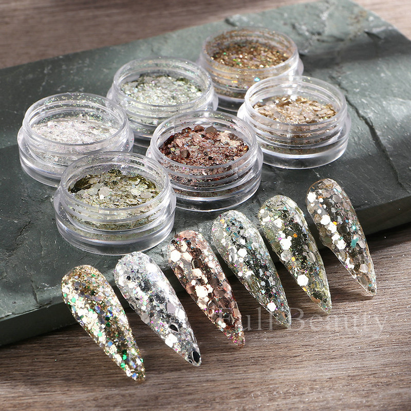 6 buc. Fulgi de sclipici pentru unghii cu trandafir șampanie, pudră mixtă de paiete hexagonale, toamnă, iarnă, sirenă, decorațiuni pentru unghii LA1539-52