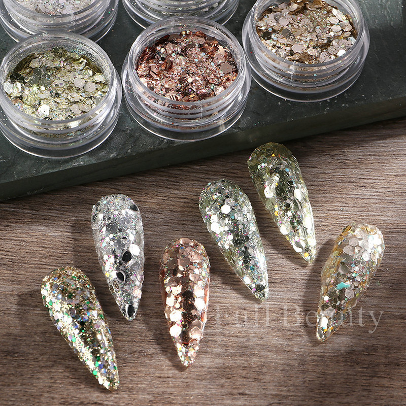 6 buc. Fulgi de sclipici pentru unghii cu trandafir șampanie, pudră mixtă de paiete hexagonale, toamnă, iarnă, sirenă, decorațiuni pentru unghii LA1539-52