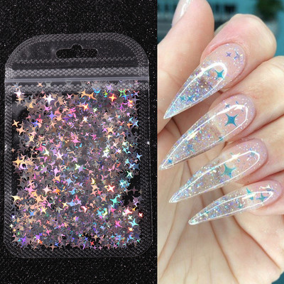 Hologrāfiskā zvaigzne četrstaru zvaigzne nagu paletes Sparkly Laser Design sequin Charm Glitter Flake Mirdzoša manikīra dekora šķēle