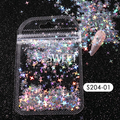 Hologrāfiskā zvaigzne četrstaru zvaigzne nagu paletes Sparkly Laser Design sequin Charm Glitter Flake Mirdzoša manikīra dekora šķēle