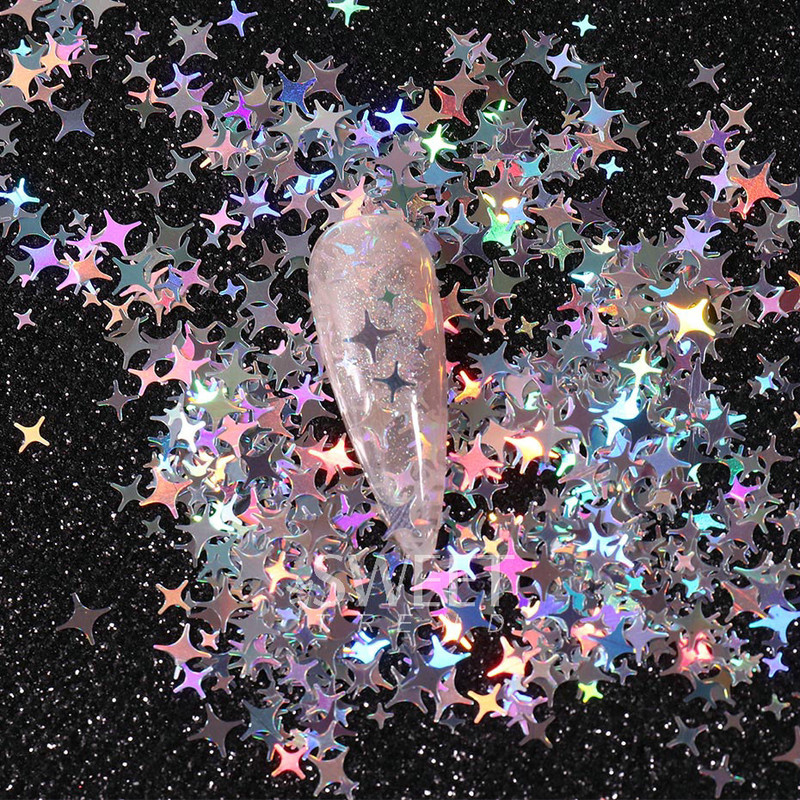 Hologrāfiskā zvaigzne četrstaru zvaigzne nagu paletes Sparkly Laser Design sequin Charm Glitter Flake Mirdzoša manikīra dekora šķēle