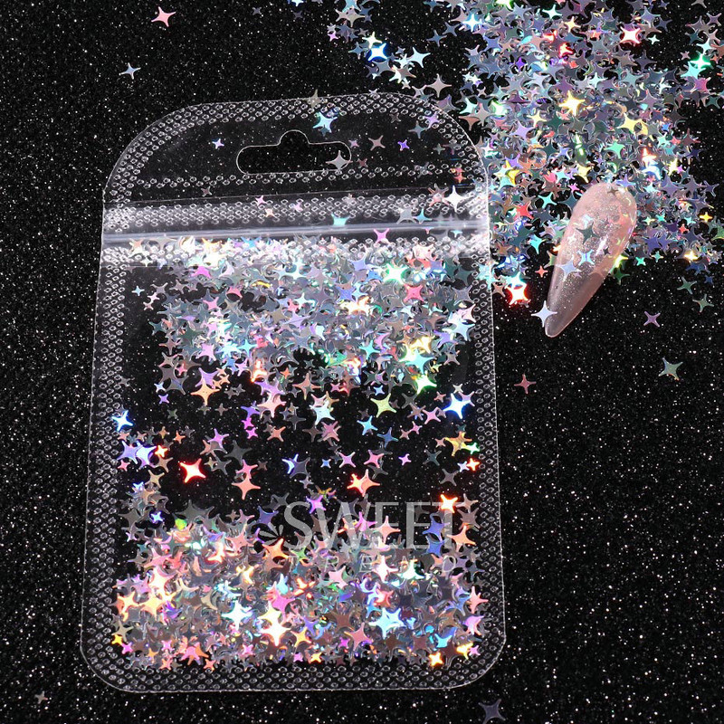 Hologrāfiskā zvaigzne četrstaru zvaigzne nagu paletes Sparkly Laser Design sequin Charm Glitter Flake Mirdzoša manikīra dekora šķēle