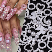 Balta rozā sirds pērļu nagu dekorēšana dobi piekariņi kastē 3D puslokā DIY nagu mākslas aksesuāri sieviešu meiteņu nagiem