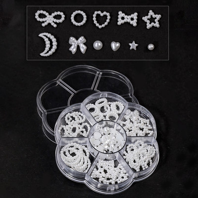 Balta rozā sirds pērļu nagu dekorēšana dobi piekariņi kastē 3D puslokā DIY nagu mākslas aksesuāri sieviešu meiteņu nagiem