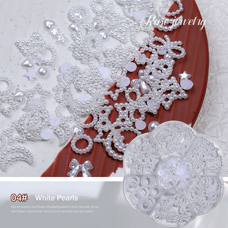 Balta rozā sirds pērļu nagu dekorēšana dobi piekariņi kastē 3D puslokā DIY nagu mākslas aksesuāri sieviešu meiteņu nagiem