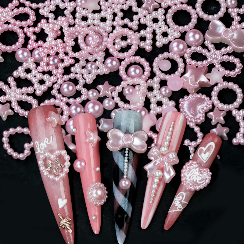 Balta rozā sirds pērļu nagu dekorēšana dobi piekariņi kastē 3D puslokā DIY nagu mākslas aksesuāri sieviešu meiteņu nagiem