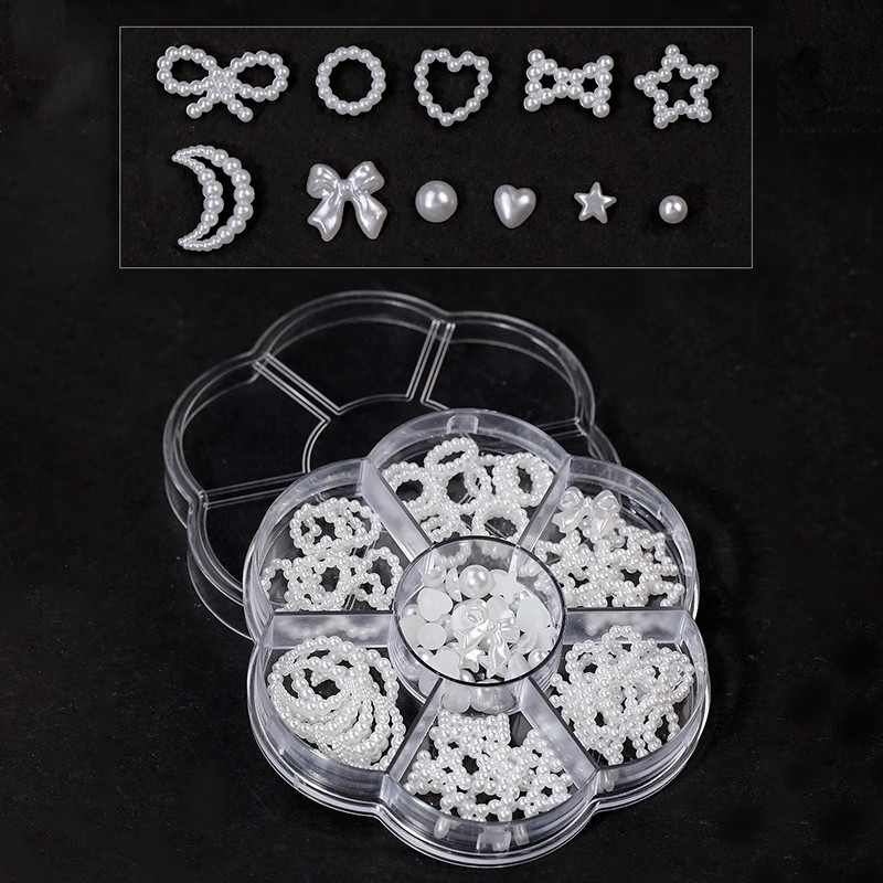 Balta rozā sirds pērļu nagu dekorēšana dobi piekariņi kastē 3D puslokā DIY nagu mākslas aksesuāri sieviešu meiteņu nagiem