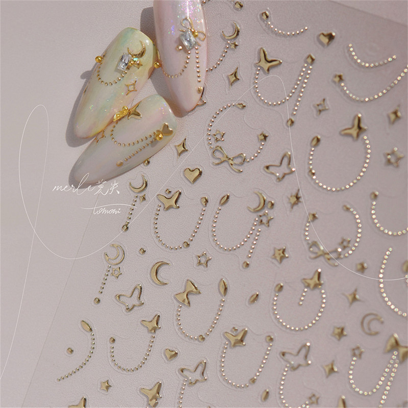 1 gab. 5D japāņu korejiešu zvaigznīšu ķēdes nagu uzlīmes Luksusa zelta sudraba pašlīmējošās slīdnes nagu mākslas apdarei uzlīmes Izejmateriāli DIY