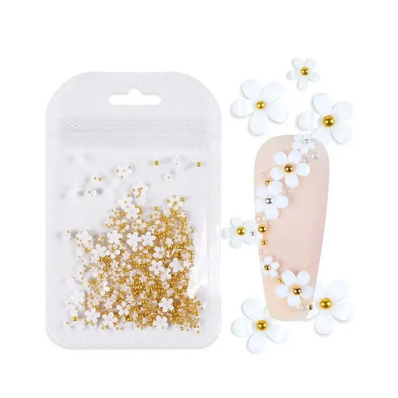 200 db 3D fehér virág és arany gyöngyök gyöngy Nair Art kiegészítők Eszköz a szépség műköröm díszítéséhez
