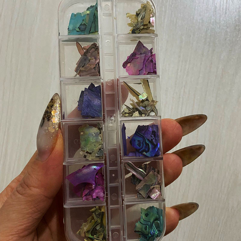 Neregulāras Abalone Shell nagu mākslas pārslas 12 režģi/kaste Dabiskas jūras gliemežvāku šķēlītes nagu piekariņi 3D spīdīgi gliemežvāku vizuļi manikīra pārslas