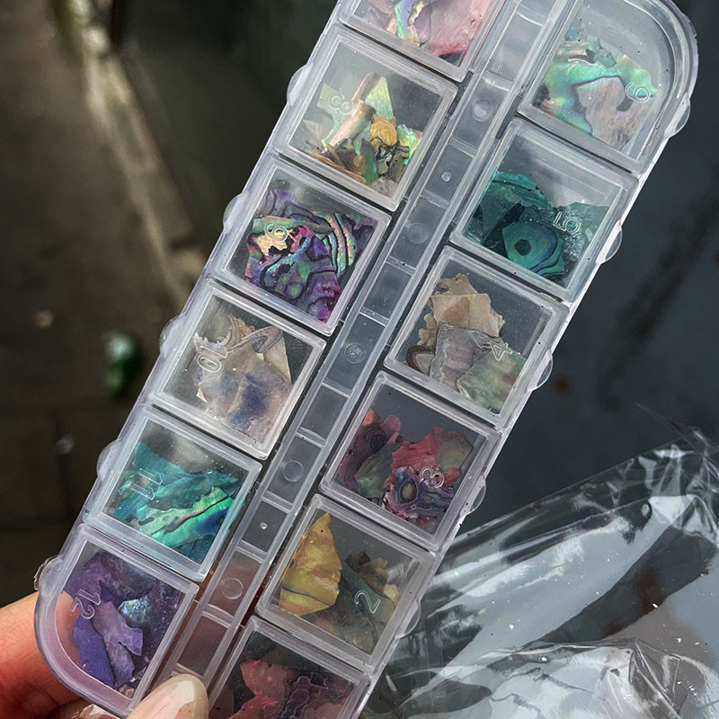 Neregulāras Abalone Shell nagu mākslas pārslas 12 režģi/kaste Dabiskas jūras gliemežvāku šķēlītes nagu piekariņi 3D spīdīgi gliemežvāku vizuļi manikīra pārslas