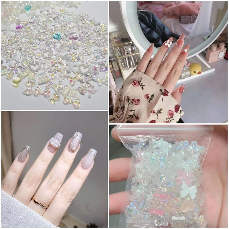 100 gab. 3D Aurora Butterfly Bear Deer Pearl Mix Box Profesionālie aksesuāri, DIY nagu dizains