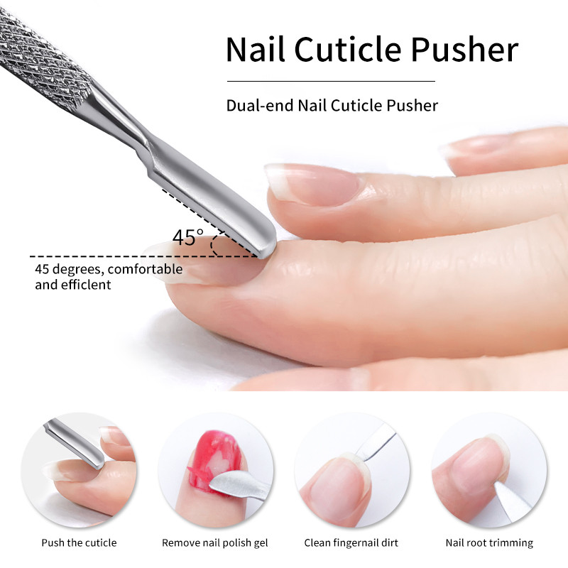 Divu galu nerūsējošā tērauda kutikulas spiedējs Dead Skin Push Remover pedikīra manikīram nagu mākslas tīrīšanas līdzeklis