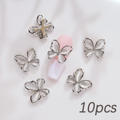 10 bucăți 3D ochi de pisică Fluture Nail Art Charms Auriu strălucitor Gri Argintiu Cristal Strasuri Bijuterii de lux Piese pentru unghii din aliaj