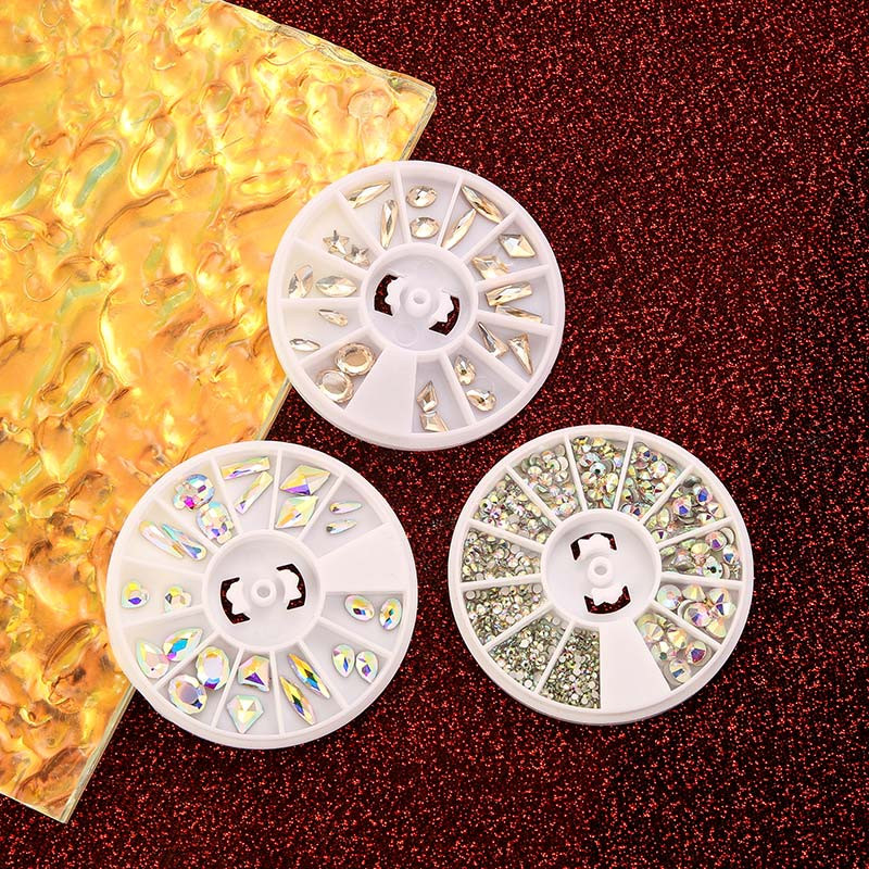 Daudzizmēra stikla nagu Rhinestones nagu mākslas rotājumi kristāli strass piekariņi starpsienu jaukta izmēra kalnu kristāla komplekts